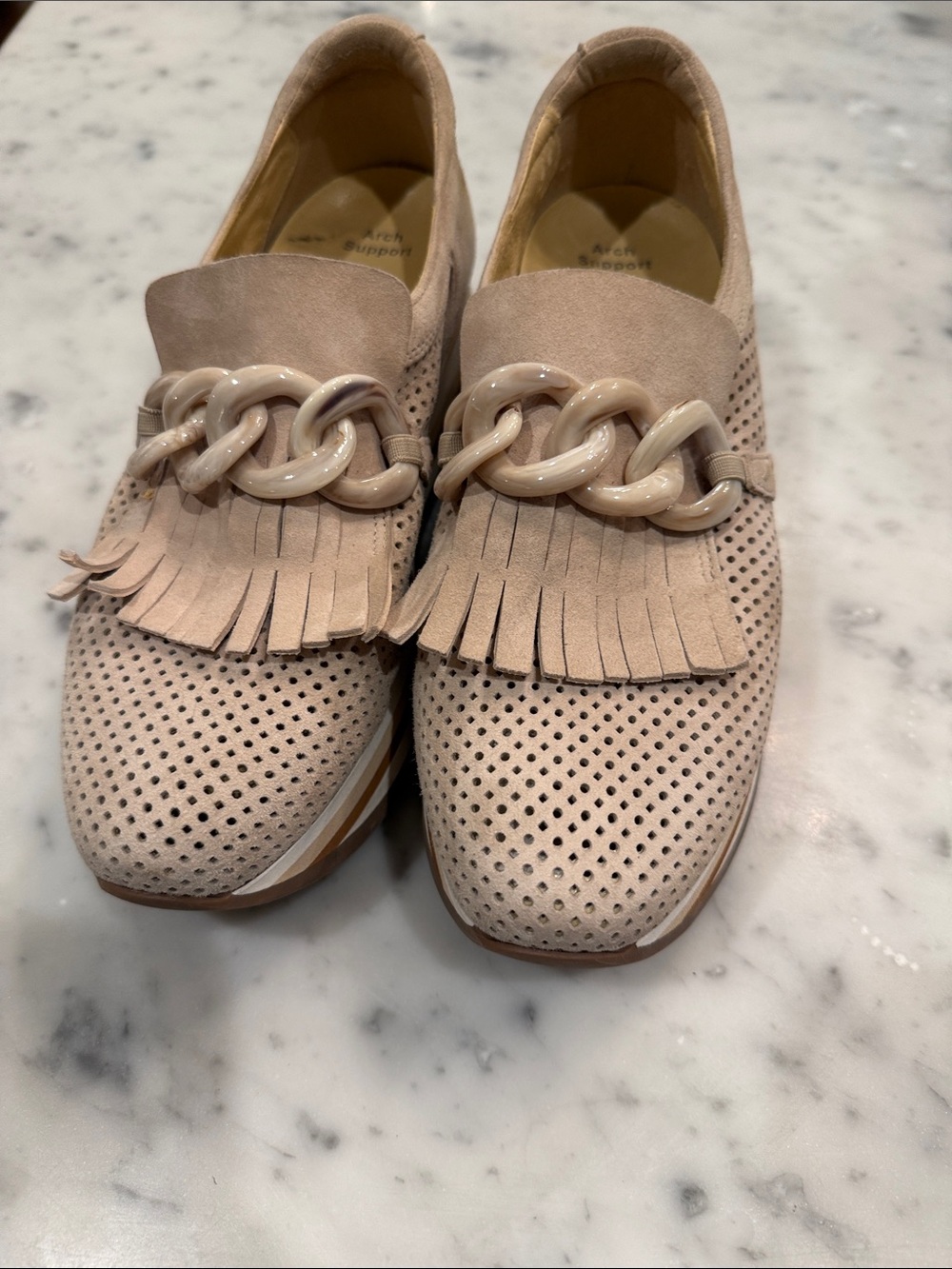 Women’s Perforated Slip-On Loafers with Fringe,faux bone Chain, taupe suede